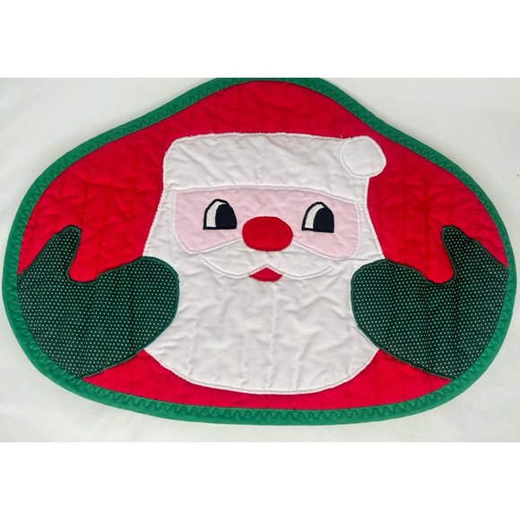 Quilted Christmas Placemats Set Of 4 Santa Face Vintage 80s 90s - Picture 2 of 8